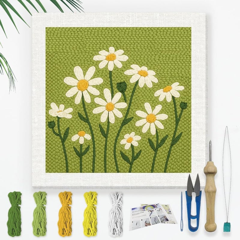 DOODLREAM Daisy Flower DIY Punch Needle Embroidery Kit for Adult Beginner, 9.4" Daisy Punch Stitching Craft Set for Starter with Frame, Fabric Pattern, Threader, Yarn, Pinch Needle - Image 1